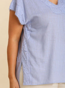 Umgee Linen Blend Top with Lace Tape Details in Light Denim Top Umgee   
