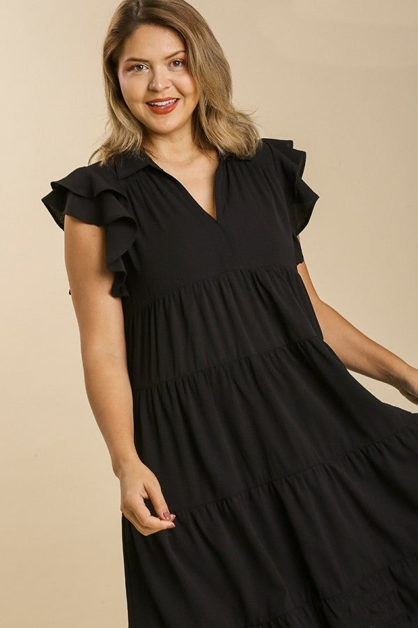 Umgee Tiered Midi Dress With Ruffled Sleeves In Black – June Adel