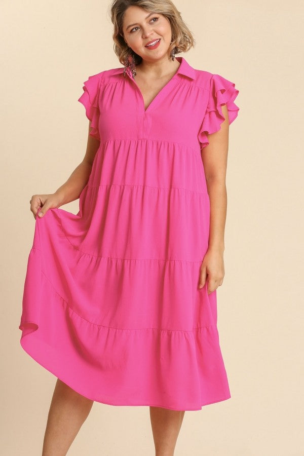 Umgee Tiered Midi Dress with Ruffled Sleeves in Hot Pink Dresses Umgee   
