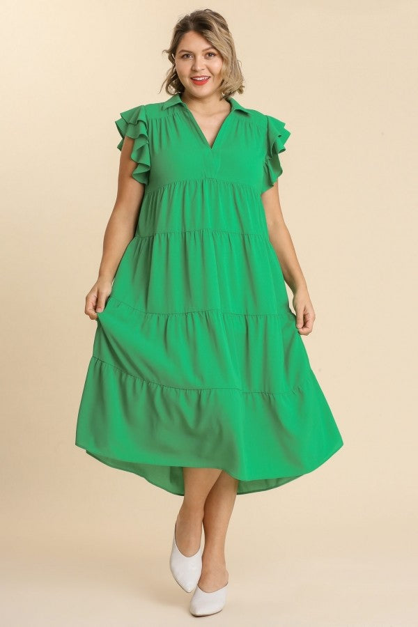 Umgee Tiered Midi Dress with Ruffled Sleeves in Kelly Green – June Adel