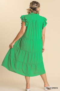 Umgee Tiered Midi Dress with Ruffled Sleeves in Kelly Green Dresses Umgee   