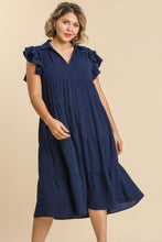 Load image into Gallery viewer, Umgee Tiered Midi Dress with Ruffled Sleeves in Navy Blue Dresses Umgee   
