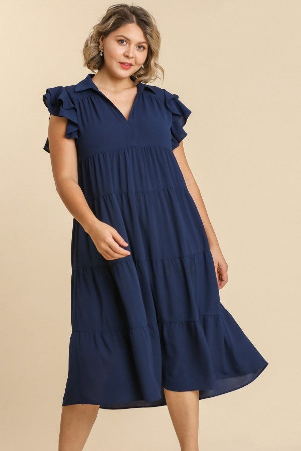 Umgee Tiered Midi Dress with Ruffled Sleeves in Navy Blue – June Adel