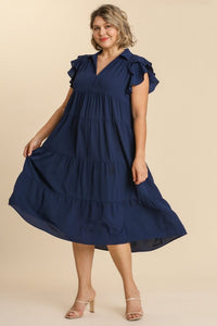 Umgee Tiered Midi Dress with Ruffled Sleeves in Navy Blue Dresses Umgee   
