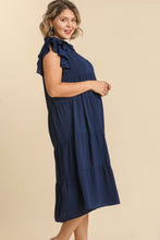 Load image into Gallery viewer, Umgee Tiered Midi Dress with Ruffled Sleeves in Navy Blue Dresses Umgee   

