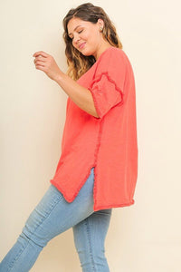 Umgee Strawberry Tunic Top with Frayed Details Tops Umgee   