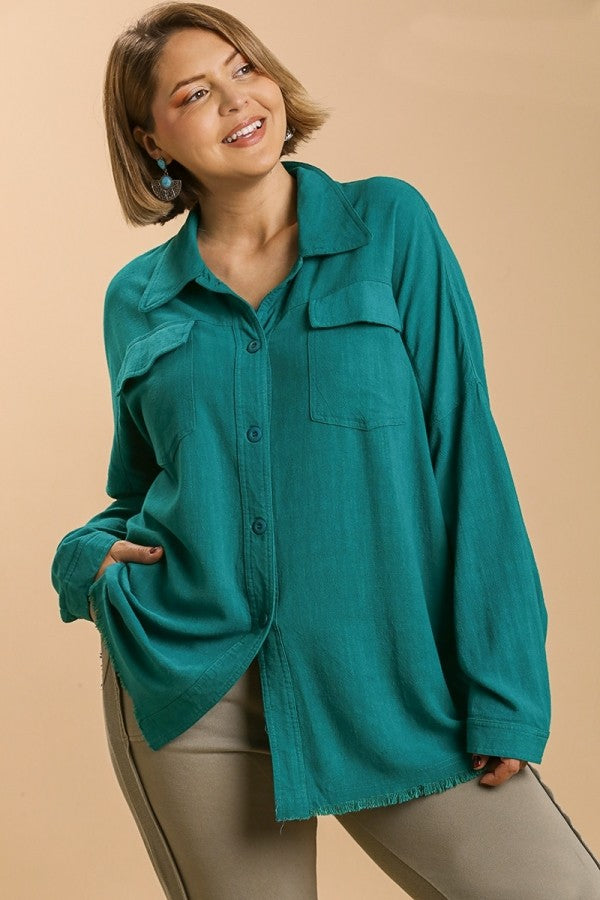 Umgee Button Front Linen Blend Top in Teal FINAL SALE Shirts & Tops Umgee   