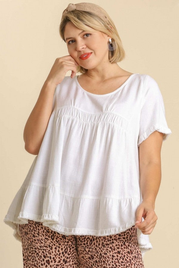 Umgee Linen Blend Top in Off White with Ruffled Hem Top Umgee   