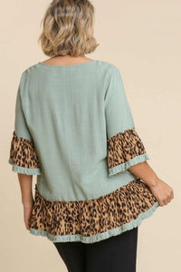 Umgee Dusty Mint Top with Leopard Print Ruffle Trim Tops Umgee   