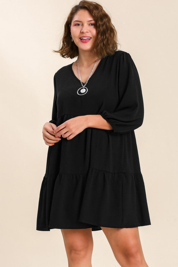 Umgee V-neck Tiered Dress with 3/4 Sleeve in Black Dress Umgee   