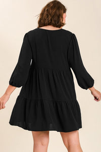 Umgee V-neck Tiered Dress with 3/4 Sleeve in Black Dress Umgee   