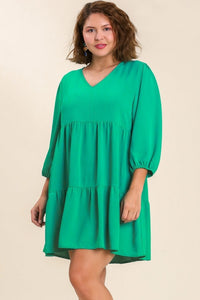 Umgee V-neck Tiered Dress with 3/4 Sleeve in Mint Green Dress Umgee   
