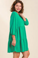 Umgee V-neck Tiered Dress with 3/4 Sleeve in Mint Green FINAL SALE Dress Umgee   