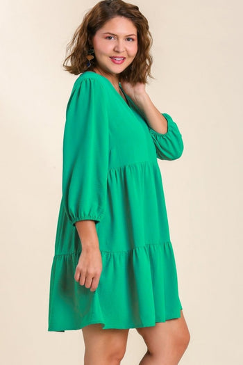 Umgee V-neck Tiered Dress with 3/4 Sleeve in Mint Green FINAL SALE Dress Umgee   