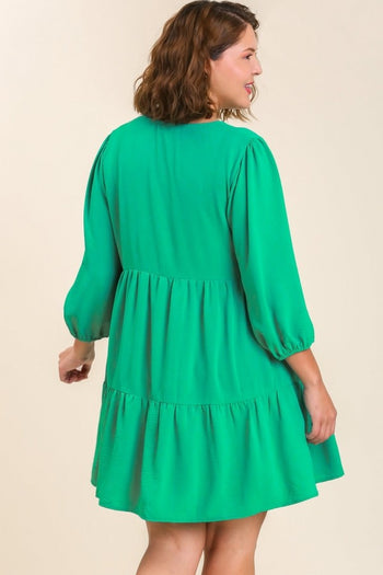 Umgee V-neck Tiered Dress with 3/4 Sleeve in Mint Green FINAL SALE Dress Umgee   