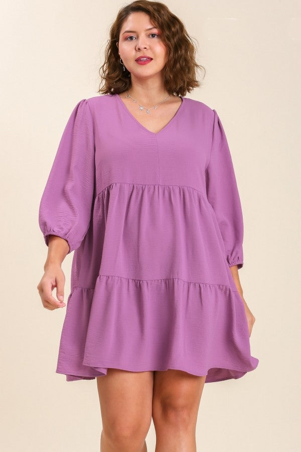 Umgee V-Neck Tiered Dress with 3/4 Sleeve in Orchid S