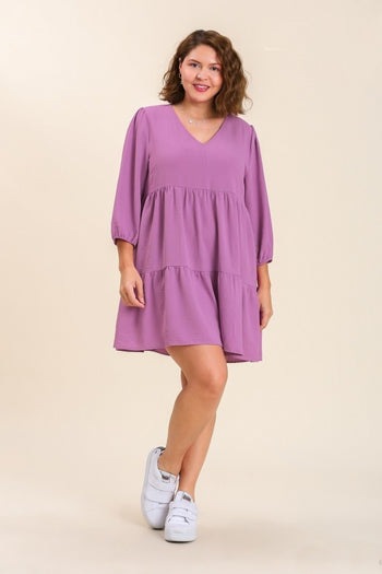 Umgee V-neck Tiered Dress with 3/4 Sleeve in Orchid Dress Umgee   
