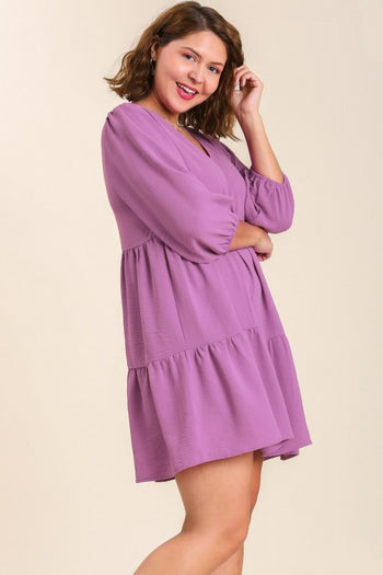 Umgee V-neck Tiered Dress with 3/4 Sleeve in Orchid Dress Umgee   