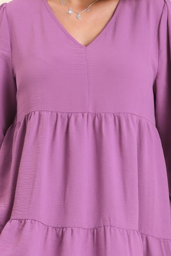 Umgee V-neck Tiered Dress with 3/4 Sleeve in Orchid Dress Umgee   