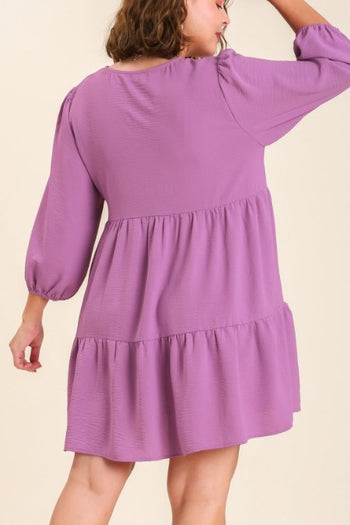 Umgee V-neck Tiered Dress with 3/4 Sleeve in Orchid Dress Umgee   
