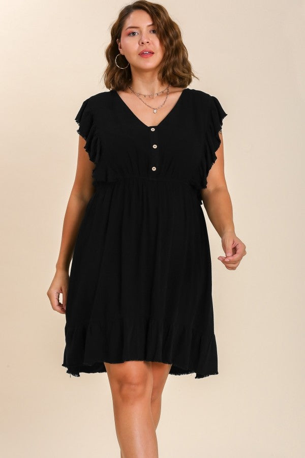 Umgee Linen Blend Dress with Button Details and Ruffled Sleeves in Black Dress Umgee   