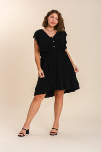 Umgee Linen Blend Dress with Button Details and Ruffled Sleeves in Black Dress Umgee   