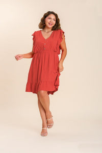 Umgee Linen Blend Dress with Button Details and Ruffled Sleeves in Tomato Red FINAL SALE Dress Umgee   