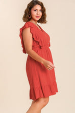 Load image into Gallery viewer, Umgee Linen Blend Dress with Button Details and Ruffled Sleeves in Tomato Red FINAL SALE Dress Umgee   
