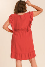 Load image into Gallery viewer, Umgee Linen Blend Dress with Button Details and Ruffled Sleeves in Tomato Red FINAL SALE Dress Umgee   

