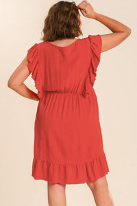 Umgee Linen Blend Dress with Button Details and Ruffled Sleeves in Tomato Red FINAL SALE Dress Umgee   