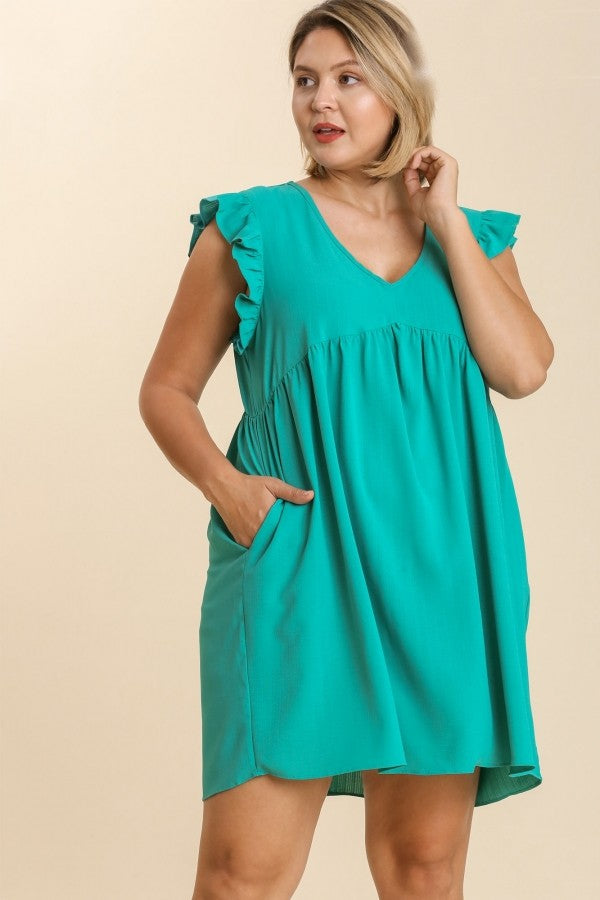 Umgee Dress with Short Ruffled Sleeves in Jade Dresses Umgee   