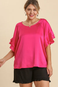 Umgee Satin Top with Ruffled Sleeves in Hot Pink Shirts & Tops Umgee   
