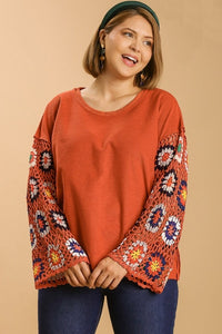 Umgee French Terry Top with Long Colorful Crocheted Sleeves in Terracotta Shirts & Tops Umgee   