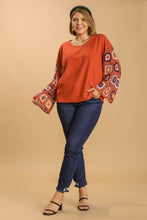 Load image into Gallery viewer, Umgee French Terry Top with Long Colorful Crocheted Sleeves in Terracotta Shirts &amp; Tops Umgee   
