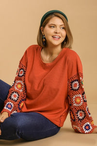 Umgee French Terry Top with Long Colorful Crocheted Sleeves in Terracotta Shirts & Tops Umgee   