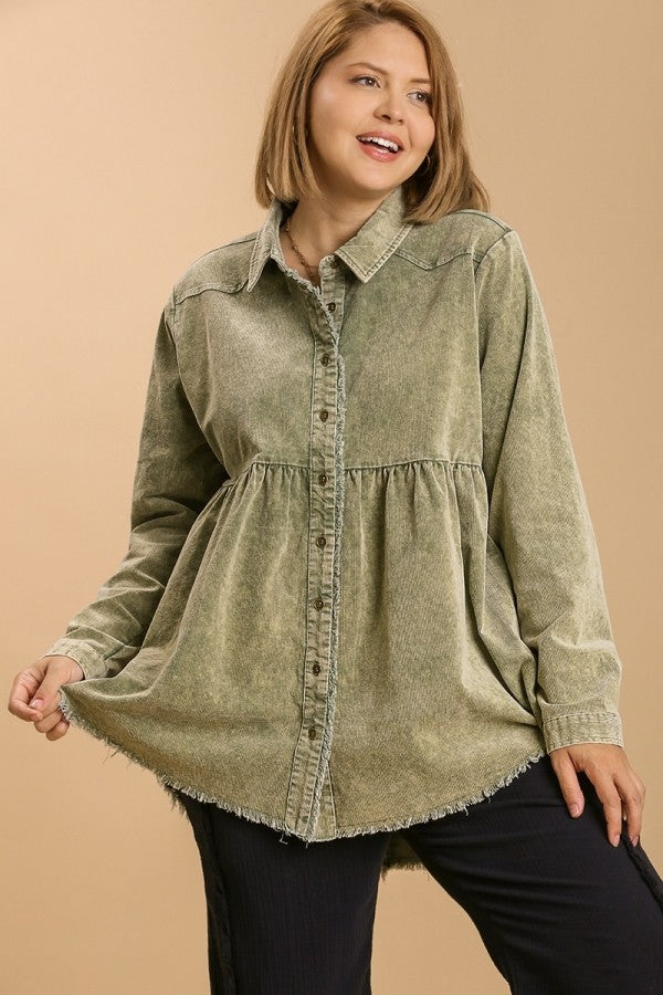 Umgee Mineral Washed Tunic Top with Frayed Hem in Olive Shirts & Tops Umgee   