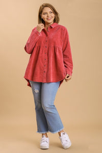 Umgee Mineral Washed Tunic Top with Frayed Hem in Red Shirts & Tops Umgee   