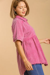 Umgee Mineral Wash Baby Doll Tunic Top in Hot Pink Shirts & Tops Umgee   