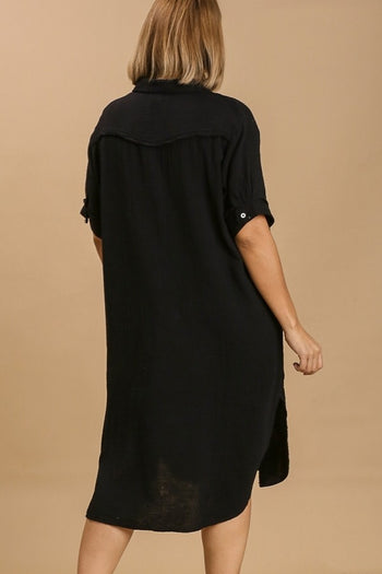 Umgee Gauze Midi Dress with Pocket Details and Frayed Trim in Black FINAL SALE Dress Umgee   