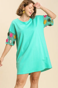 Umgee Mint Dress with Colorful Crocheted Short Sleeves Dress Umgee   