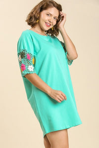 Umgee Mint Dress with Colorful Crocheted Short Sleeves Dress Umgee   