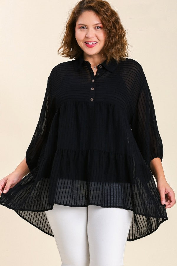 Umgee Sheer Collared Button Down Tunic Dress in Black Top Umgee   
