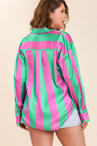 Umgee Satin Striped Top in Pink and Green Top Umgee   