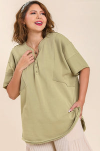 Umgee Light Weight French Terry and Waffle Knit Contrast Tunic Dress in Matcha Top Umgee   