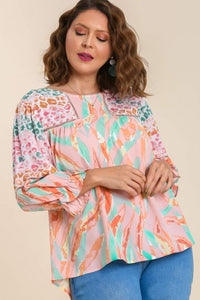 Umgee Mixed Print Top with 3/4 Sleeves and Lace Trim in Light Mauve Mix Top Umgee   