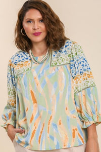 Umgee Mixed Print Top with 3/4 Sleeves and Lace Trim in Sage Mix Top Umgee   