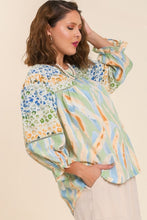 Load image into Gallery viewer, Umgee Mixed Print Top with 3/4 Sleeves and Lace Trim in Sage Mix Top Umgee   
