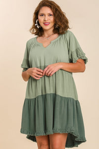 Umgee Linen Color Block Dress in Sage Dress Umgee   