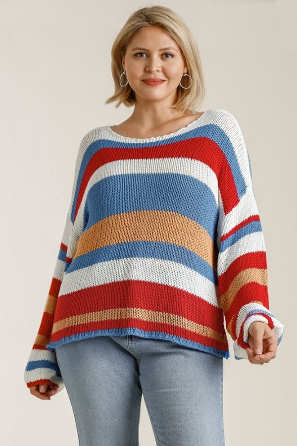 Multicolored Stripe Round Neck Long Sleeve Knit Sweater in Peri Blue/Red Sweaters Umgee   