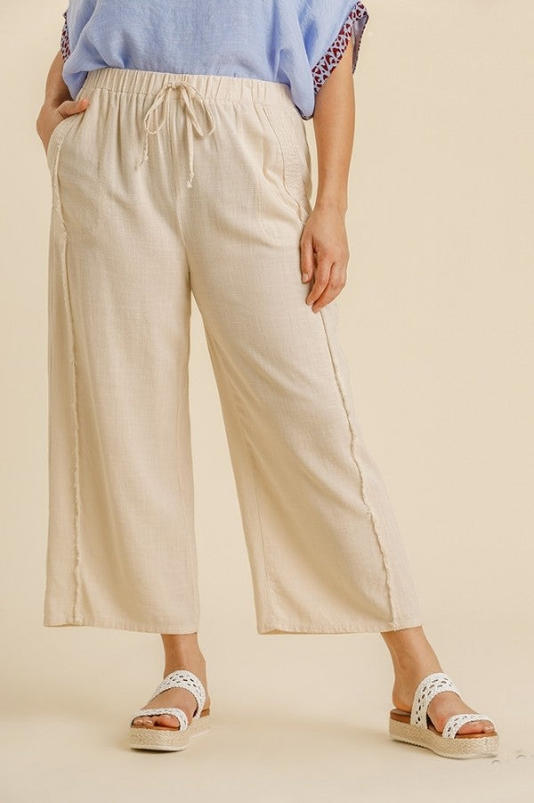 Umgee Drawstring Linen Blend Pants with Frayed Edges in Oatmeal Pants Umgee   